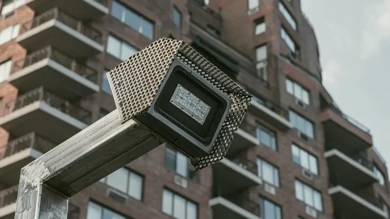 Projecteur LED extérieur monté sur une potence métallique devant un immeuble en briques