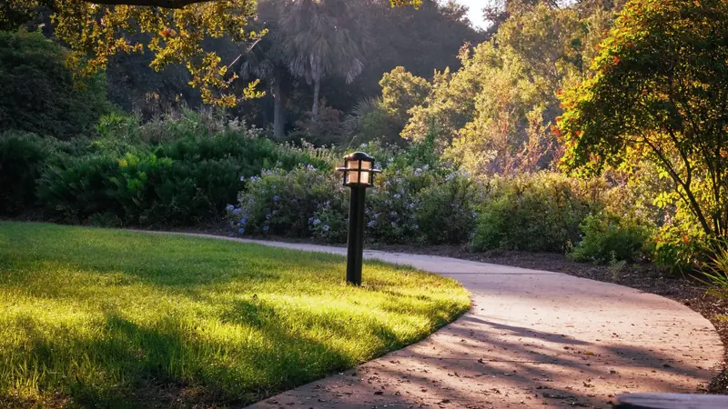 Borne d’éclairage au bord d’une allée de jardin bordée de pelouse