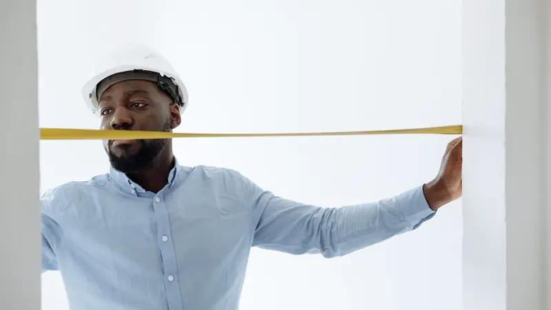 Homme en casque de chantier mesurant la largeur d'une ouverture murale blanche avec un mètre ruban jaune