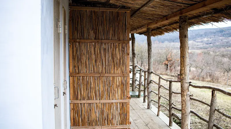 Panneau de roseaux fixé contre le mur d'une maison, sous un auvent de roseaux soutenu par des poteaux en bois